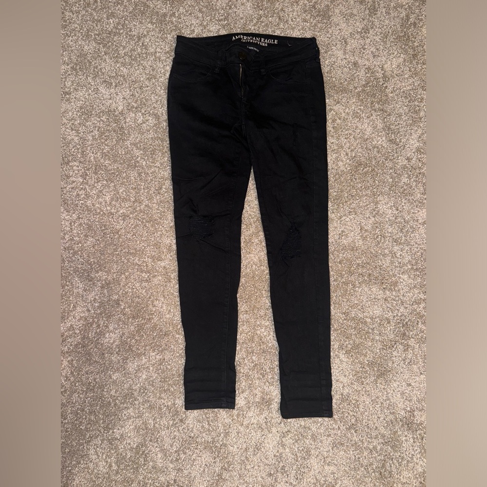 American Eagle- Black Distressed Skinny Jeans, US 4